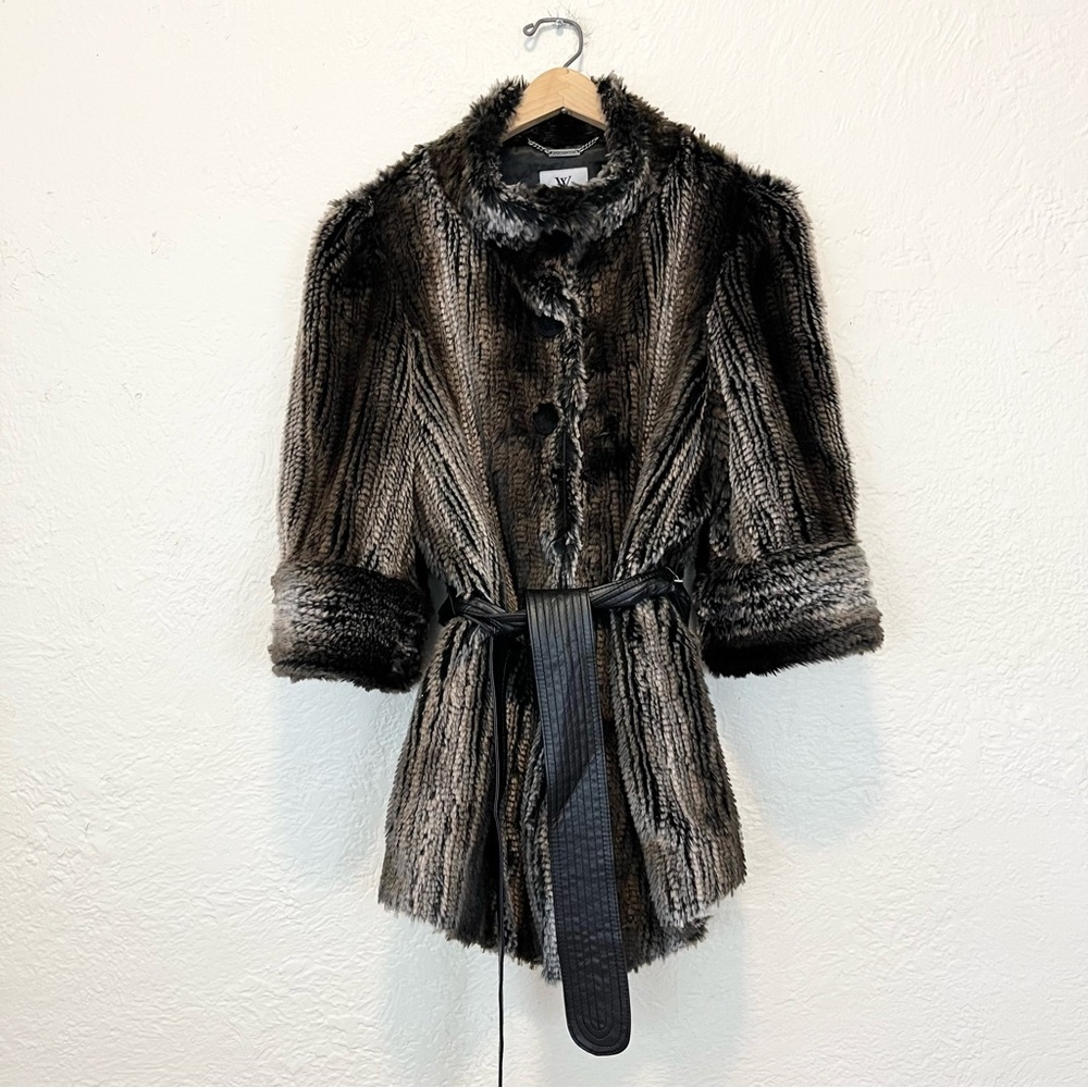 Vintage Worthington Faux Fur Jacket Coat Belted Brown Beige Y2K 3/4 Sleeve M